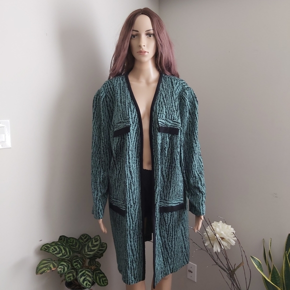 vintage union label Gracie Square open cardigan longline green black 𝗉𝗋int - Picture 2 of 12